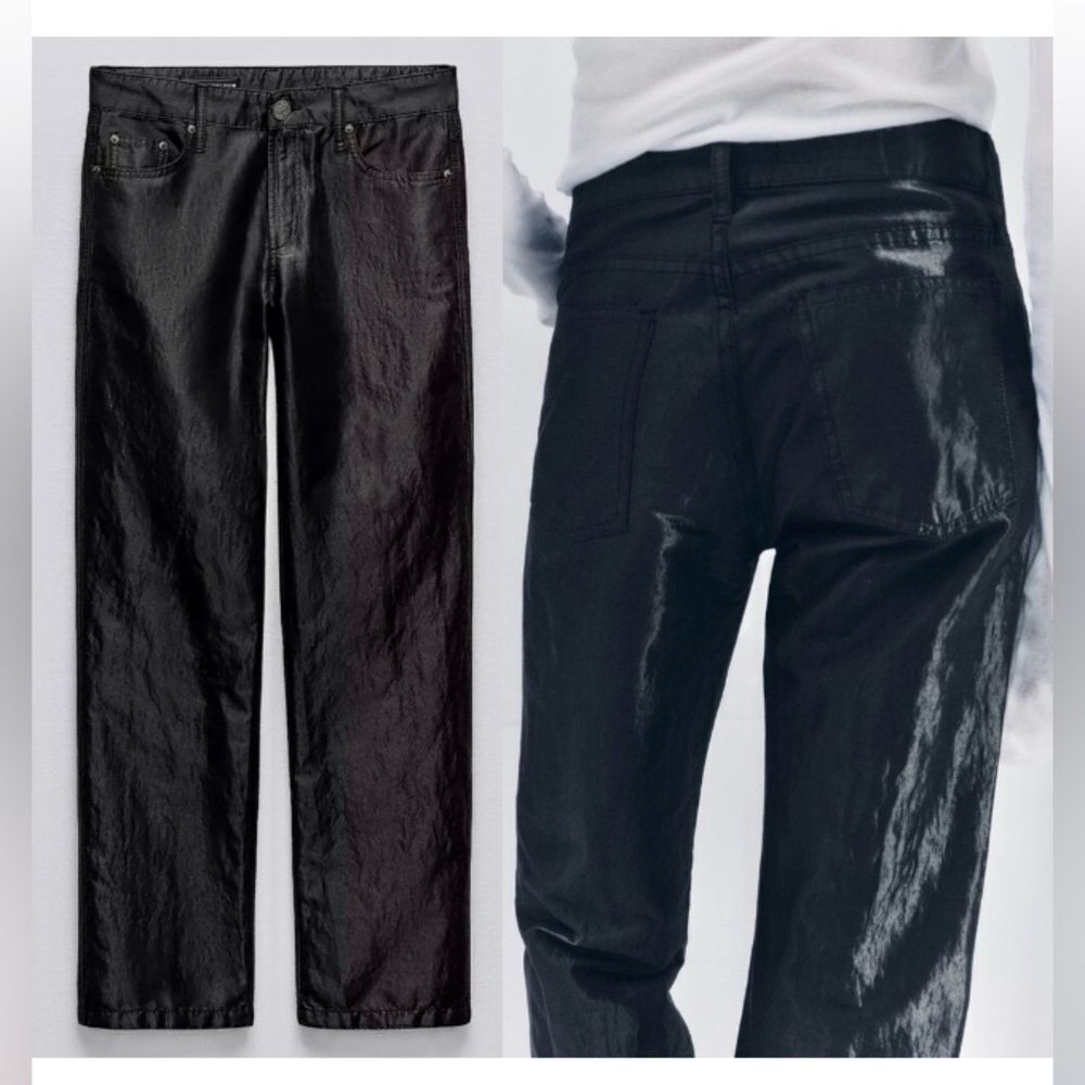 Zara NWT Women Satin Effect Mid Waist Pants Size 2 Black